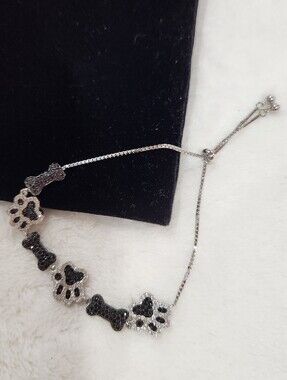 Sterling Silver Polished CZ Paw Print &  Dog Bone Slider Bracelet